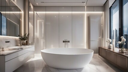 Fototapeta na wymiar hotel bathroom, white glossy color, interior design