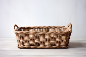 Wicker basket on a wooden surface against a white wall