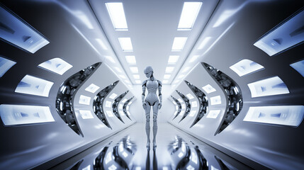 A cybernetic female android standing in a futuristic hallway full of glasses and white lights. 