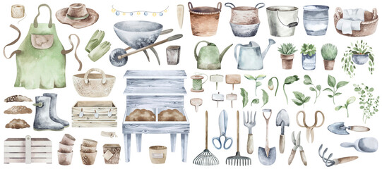 Garden tools, agricultural implement. Set of watercolor equipment icons on isolated background. A shovel and a rake with a watering can and a wheelbarrow, an apron with pruning shears are  hand drawn. - obrazy, fototapety, plakaty
