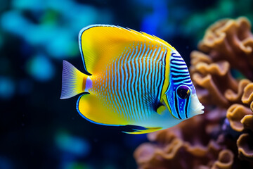 Naklejka premium blue and yellow butterfly fish underwater background
