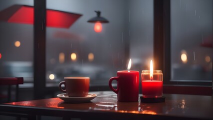 A glowing candle along with a coffee inside a coffee shop with a beautiful view and rainy weather outside through the window - obrazy, fototapety, plakaty