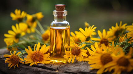 bottle, jars of arnica essential oil extract