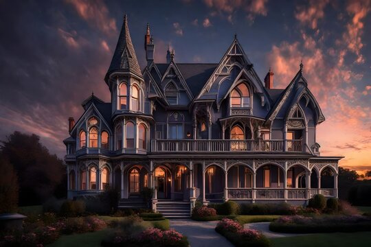 Design an image of a Gothic Revival-style Victorian house with pointed arches and intricate details, set against the twilight sky. Capture the dramatic and romantic essence of the architecture.