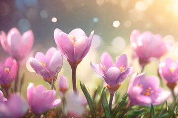 Spring blooming background with beautiful crocuses with bokeh.