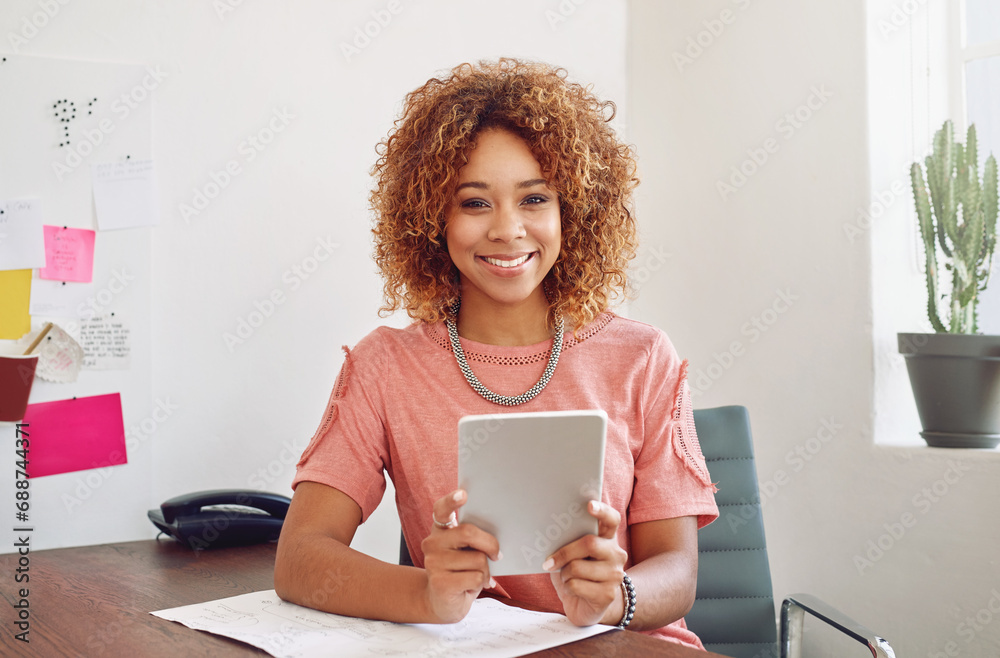 Poster portrait, woman or happy designer with tablet for research, technology or analysis online on website