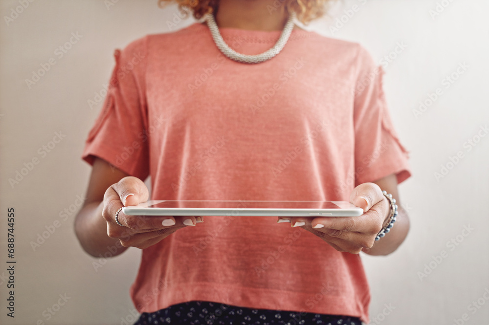 Poster tablet, technology or hands of woman with research for growth, revenue or data analysis online. web 