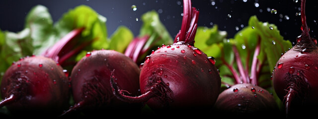 close-up of red beets in water drops - obrazy, fototapety, plakaty