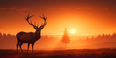 The same elk stands in the soft glow of dawn, its silhouette now warmed by the rising sun.