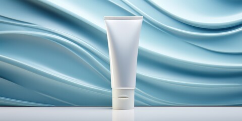 Serene blue backdrop highlights the gentle curves of white skincare tubes