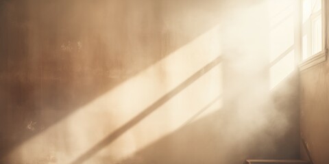 Dusty window opens onto a stairway, with rays of light streaming through
