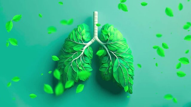 Green health, ecology, and clean, flying leafs in slow motion on a soft background (4K) with a human lungs