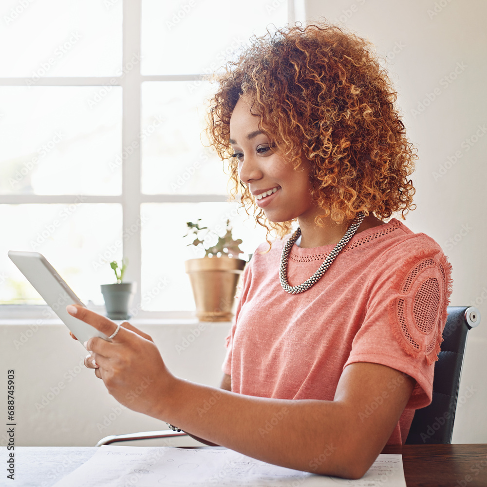 Poster news, happy woman or designer with tablet for research, technology or analysis online on website. re