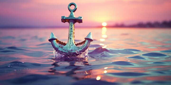 A bold golden anchor hangs suspended above the turbulent silver waves below.