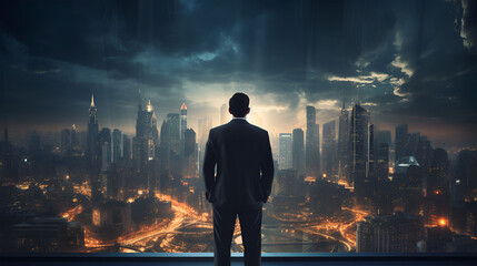 Visionary Businessman Gazing at Futuristic Cityscape Projection on Office Wall - Innovation and Future Concept