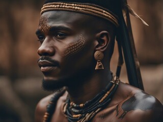 portrait of candid African male tribe with cultural tattoos make-up, cosmetics and wooden stone spear
