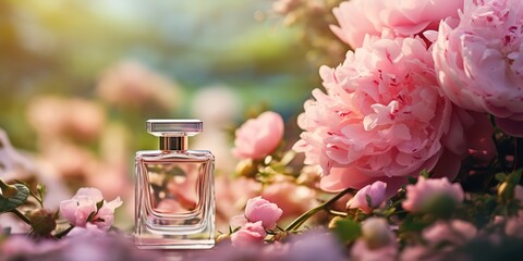 Perfume bottle nestles among a lush tapestry of vibrant, fresh flowers.
