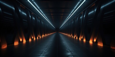 Corridor stretches into darkness, dotted with lights leading to a distant glow