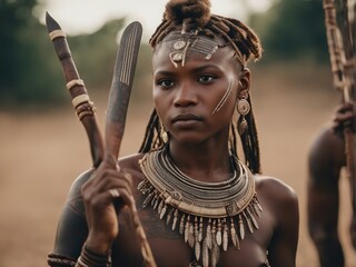 portrait of candid photo of young people and kids from a African tribe with cultural tattoos make up

