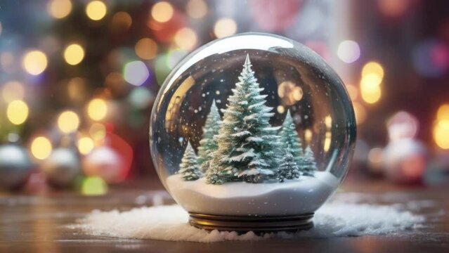 Christmas holiday background with decoration, snowman figure and snow globe, a lot of particles, and bokeh light