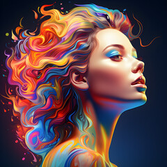 Fototapeta na wymiar Young Woman with Colorful Paints in Hair, Gentle Abstraction