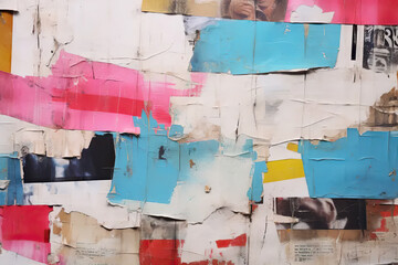 Urban Tapestry A Visual Symphony of Old Wrinkled Grunge Ripped Torn Placard Posters Background, Featuring Weathered Advertising Poster Pieces in White, Pink, Blue,