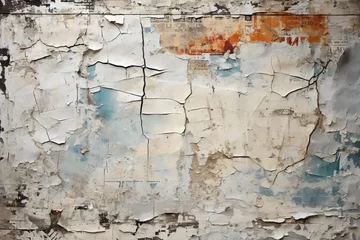 Wall murals Old dirty textured wall Chronicles of Decay Exploring Time's Tapestry in an Old Wrinkled Grunge Ripped Torn Placard Newspaper Background. Weathered Advertising Poster Pieces Unfold Stories in White, Pink, Blue,