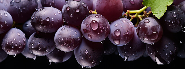 Close-up of berries of dark bunch of grape with water drops.
