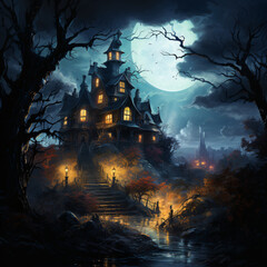 Fototapeta na wymiar Haunted ghosted Halloween House