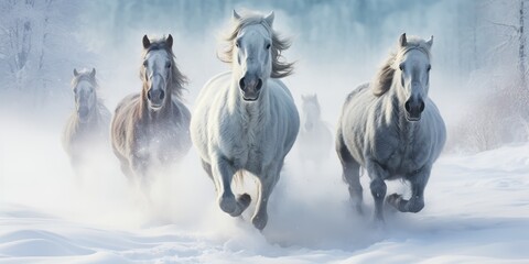 Snowflakes swirl around spirited horses galloping freely across a wintry, untouched landscape.