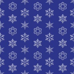 Winter seamless silver snowflakes pattern on blue background. Immerse yourself in the enchanting beauty of winter with this vector illustration of a seamless pattern adorned with snowflakes