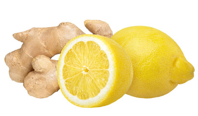 Ginger root and lemon isolated on white or transparent background. Natural remedy for cold and cough