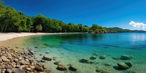 Panoramic view of a secluded tropical beach, with crystal-clear waters and dense forests
