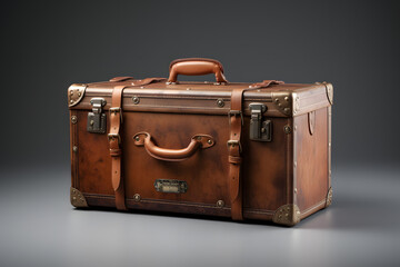 Classic leather suitcase with buckles and name tag on a grey backdrop