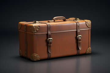 Vintage brown suitcase with straps and reinforced corners on dark background
