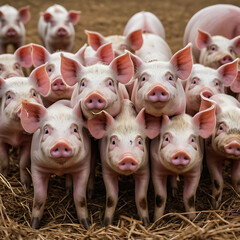 A large group of pigs of varying sizes stand together in a field, their eyes gazing in unison, capturing their communal nature within a rural setting..