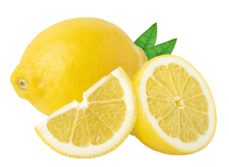 Lemon isolated on white or transparent background. Three lemon fruits whole and cut pieces