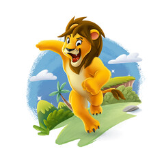 lion cartoon mascot character runs in the jungle - 688747773