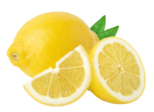 Lemon isolated on white or transparent background. Three lemon fruits whole and cut pieces