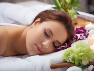 Obraz na płótnie Canvas Experience pure relaxation as a beautiful young woman lies on a spa bed, enjoying a soothing back massage for ultimate wellness and tranquillity
