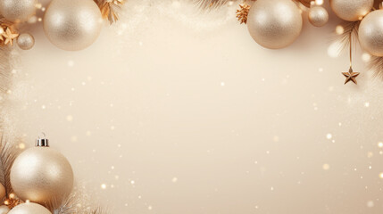 Fond et arrière-plan blanc, beige avec branches de sapin, boules de sapin de Noël. Ambiance hivernale, fête de Noël, célébration. Pour conception et création graphique.	