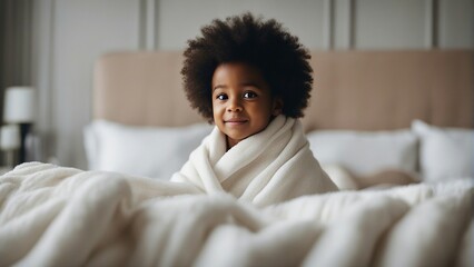 portrait of cute little black newborn baby kid wrapped in soft white blanket on a bed smiling. decorative background

