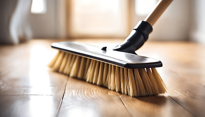 A white wooden broom lies on clean polished floorboards, representing tidiness and the tools needed to maintain an organized space - obrazy, fototapety, plakaty
