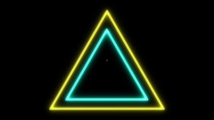 Triangle neon glowing icon on a black abstract background.