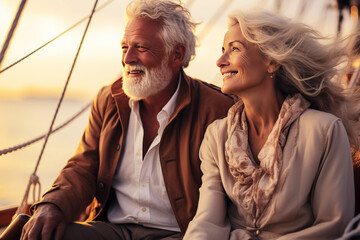 Elderly couple in love on a sailboat sailing. Generative AI