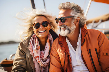 Elderly couple in love on a sailboat sailing. Generative AI - obrazy, fototapety, plakaty