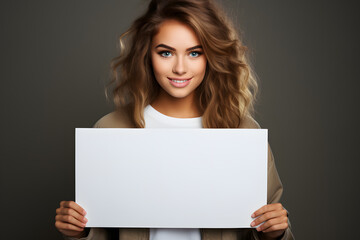 Naklejka premium Smiling woman holding blank white sign wearing casual outfit