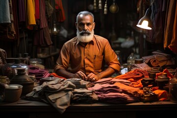 Obraz premium Indian tailor in workshop, surrounded by fabric.