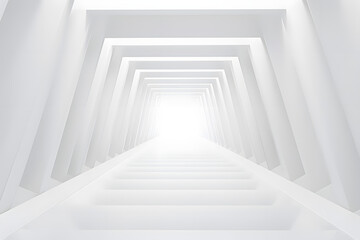 Abstract view of a white geometric tunnel with light at the end