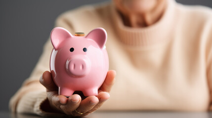 Joyful elderly woman holding a pink piggybank, symbolizing financial security and the importance of savings, especially for retirement.